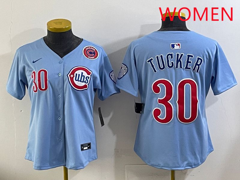 Women 2025 Chicago Cubs #30 Tucker Light Blue Throwback Game Nike MLB Jersey style 1->women mlb jersey->Women Jersey